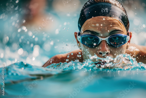 A determined Olympic swimmer wearing goggles and a swim cap is captured mid-stroke, cutting through the water in a competitive swimming pool. 