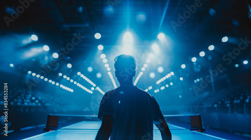 A table tennis player stands under bright spotlights in a dimly lit arena, creating a dramatic and focused atmosphere. 