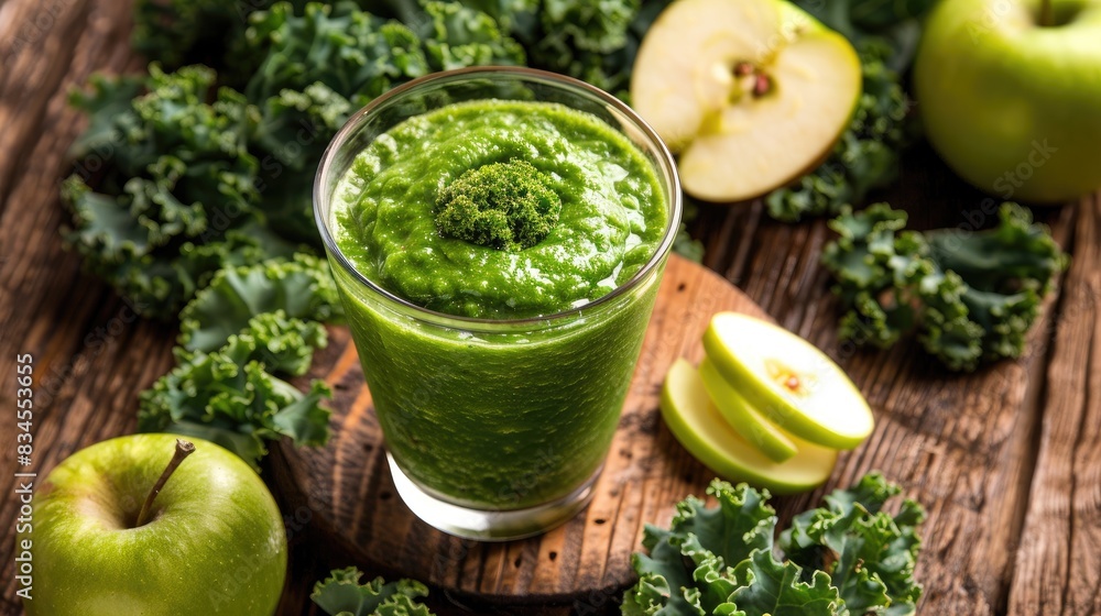 Green apple smoothie served in a glass with kale leaves arranged on a wooden table Green apple smoothie served in a glass with kale leaves arranged on a wooden table