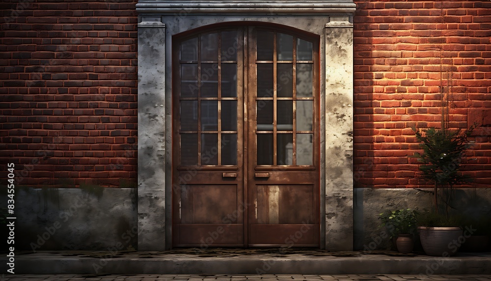 Obraz premium A door with glass panes on the front of a brick building. Red brick exterior
