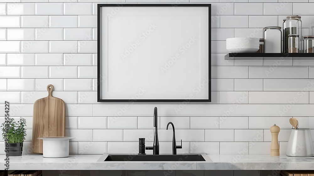 Obraz premium Minimalist Glossy Black Border Frame Mockup on Kitchen Cabinet Shelf - 3D Rendering