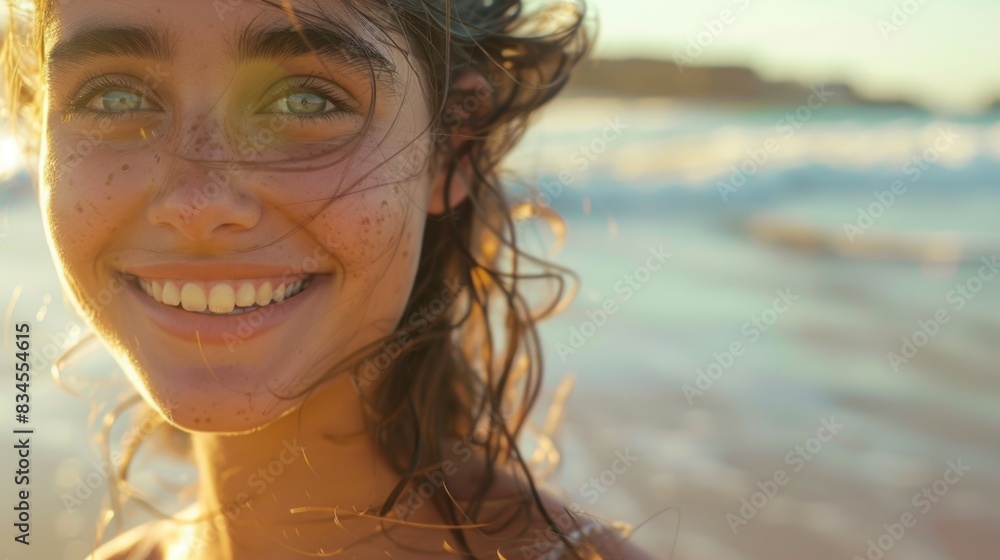 A beautiful close-up shot of a young woman with a bright smile on the beach, her face radiating happiness and the ocean subtly in the background A beautiful close-up shot of a young woman with a bright smile on the beach, her face radiating happiness and the ocean subtly in the background