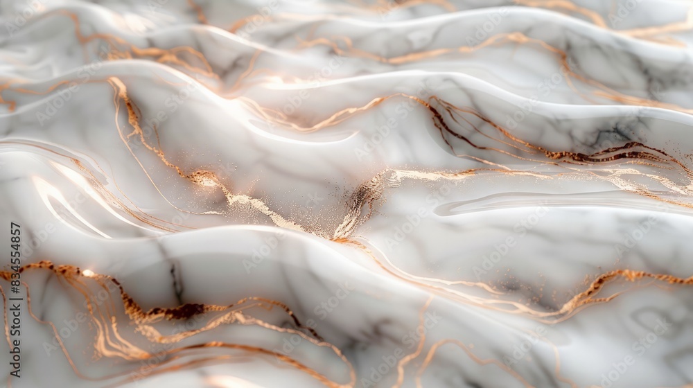 Naklejka premium Rose Gold and Marble Swirls: a backdrop with intricate rose gold swirls flowing across a smooth, white marble surface.