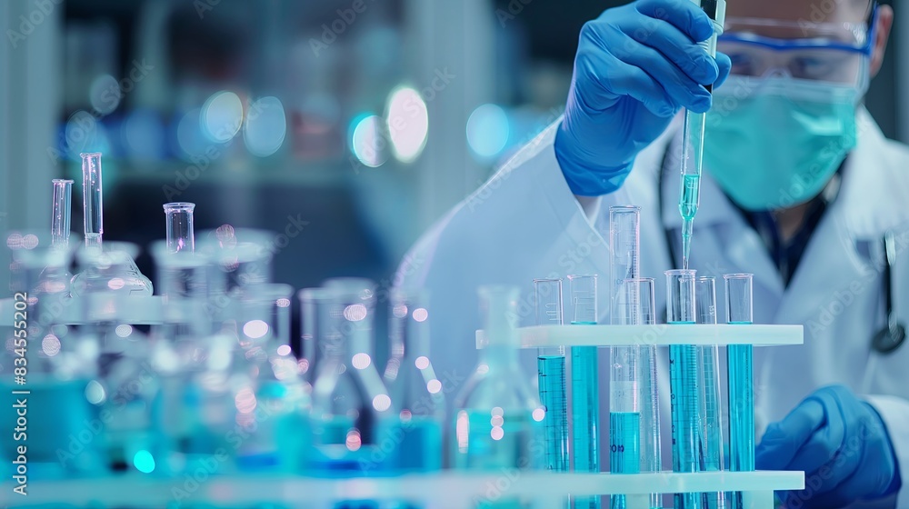A scientist in a lab coat and gloves is working with test tubes. Conducts medical laboratory tests and medical tests A scientist in a lab coat and gloves is working with test tubes. Conducts medical laboratory tests and medical tests