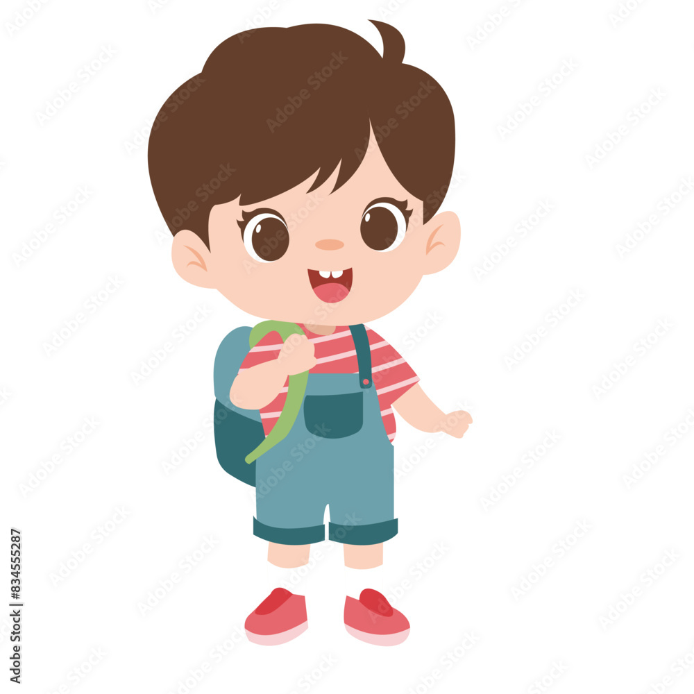 Cute happy dark-haired boy in denim overalls with backpack ready go to school. Cartoon Vector illustration isolated on white background Cute happy dark-haired boy in denim overalls with backpack ready go to school. Cartoon Vector illustration isolated on white background