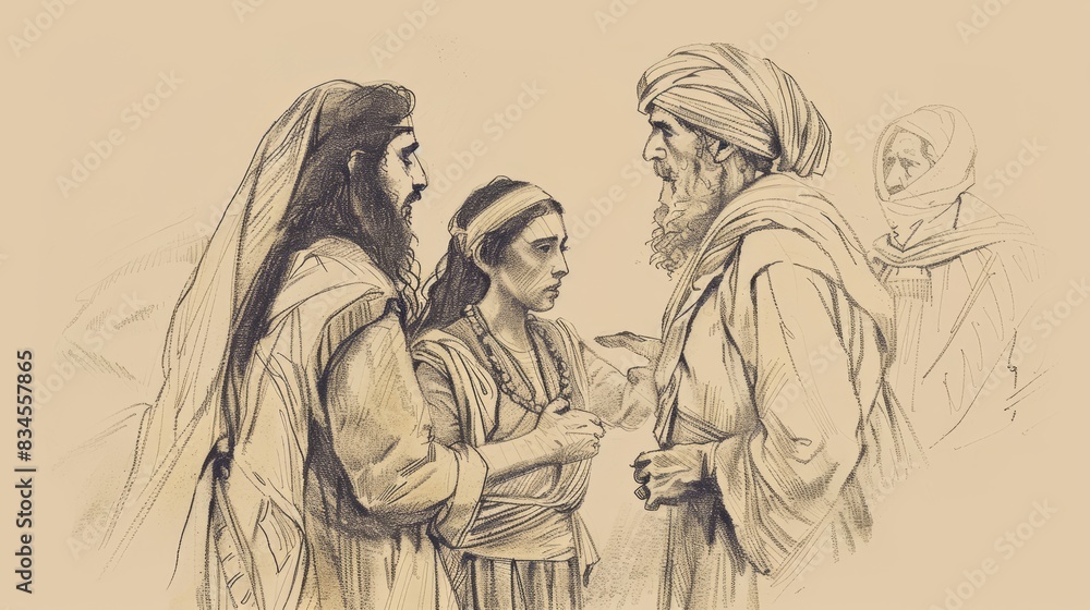 Obraz premium Biblical Illustration of Genesis 20: Abraham's Encounter with Abimelech, Misunderstanding about Sarah, God's Protection on Beige Background with Copyspace for Themes of Trust and Integrity