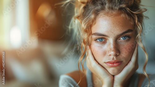 Pensive young blonde woman with freckles gazing wistfully out window in contemplative state. Concept of introspection, melancholy, inner thoughts. photo