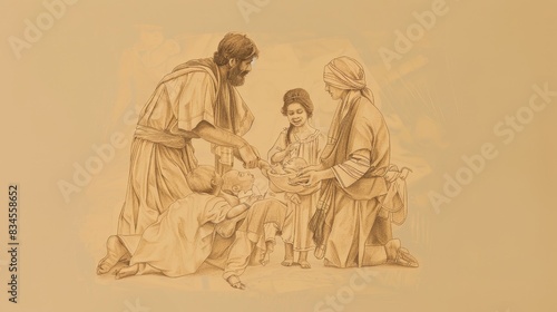 Biblical Illustration of Genesis 21: Birth of Isaac, Sarah's Joy, Hagar and Ishmael Sent Away, God's Promise on Beige Background with Copyspace for Themes of Joy and Survival
