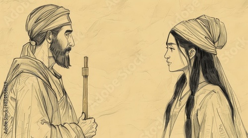 Biblical Illustration of Genesis 24: Eliezer's Journey to Find Wife for Isaac, Meeting Rebekah at Well, Joyful Union on Beige Background with Copyspace for Themes of Divine Guidance and Marriage photo