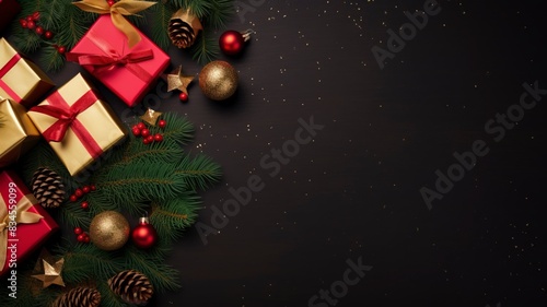 Christmas background with fir tree, red and gold gifts. top view copy space, generative ai
