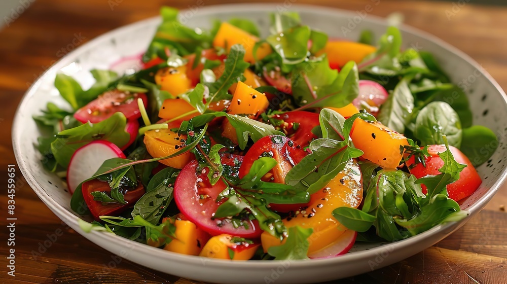 Fresh salad with tomatoes, peaches, and radishes in a white bowl. Fresh salad with tomatoes, peaches, and radishes in a white bowl.