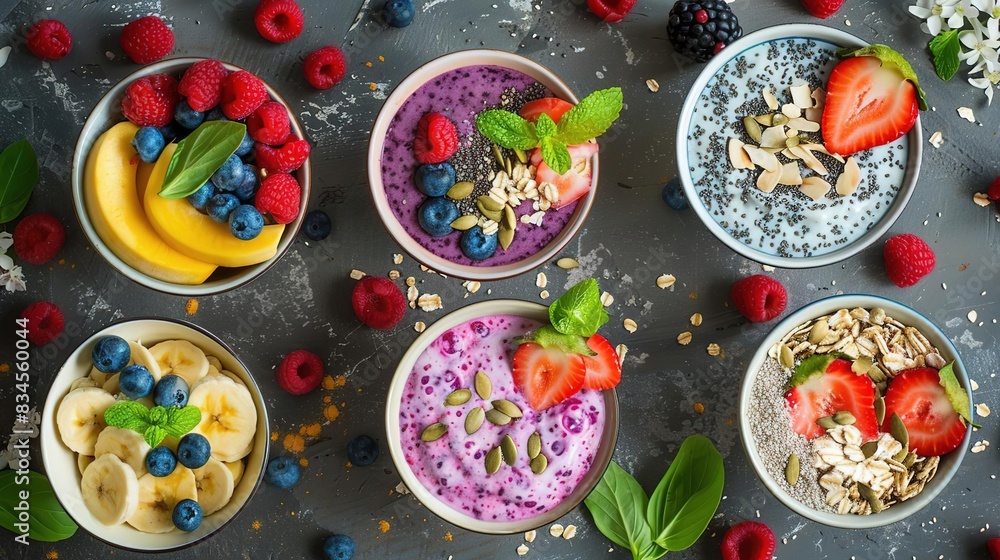 Assortment of healthy breakfast bowls with fruit, yogurt, chia seeds, and granola. Assortment of healthy breakfast bowls with fruit, yogurt, chia seeds, and granola.