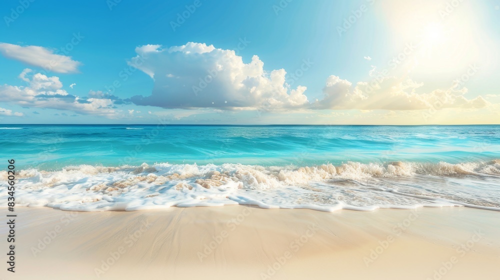 Beautiful beach with white sand and turquoise water in the background of a blue sky with clouds and the sun, banner for a vacation or travel concept. Beautiful beach with white sand and turquoise water in the background of a blue sky with clouds and the sun, banner for a vacation or travel concept.