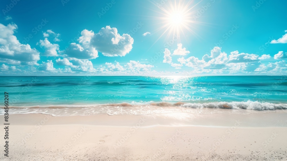 Beautiful beach with white sand and turquoise water in the background of a blue sky with clouds and the sun, banner for a vacation or travel concept.
Beautiful beach with white sand and turquoise water in the background of a blue sky with clouds and the sun, banner for a vacation or travel concept.