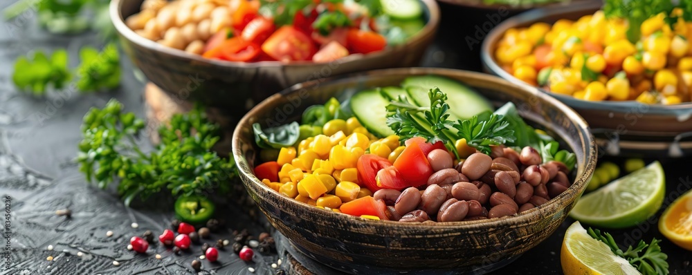 Closeup of a colorful and delicious salad with beans, corn, tomatoes, and cucumbers in a bowl.