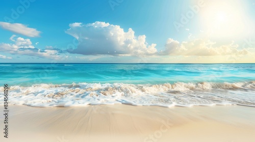 Beautiful beach with white sand and turquoise water in the background of a blue sky with clouds and the sun  banner for a vacation or travel concept.