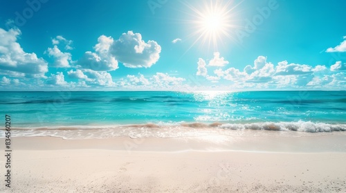 Wallpaper Mural Beautiful beach with white sand and turquoise water in the background of a blue sky with clouds and the sun, banner for a vacation or travel concept.	
 Torontodigital.ca