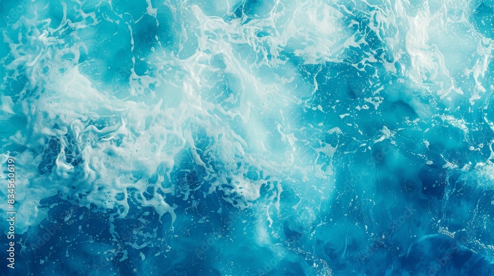 Fototapeta premium Abstract water texture background with ripples and sunlight reflection in a turquoise blue ocean or swimming pool. Top view. summer concept