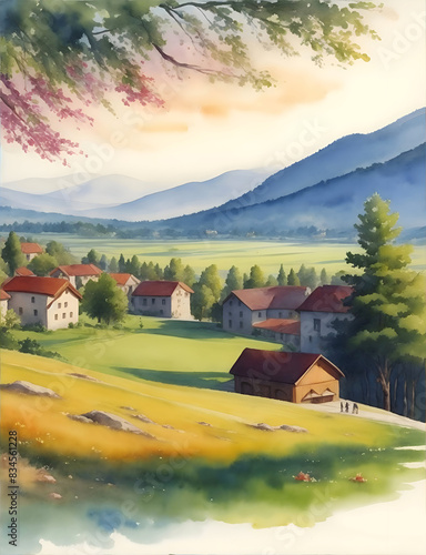 Hisarya Bulgaria Country Landscape Watercolor Illustration Art photo
