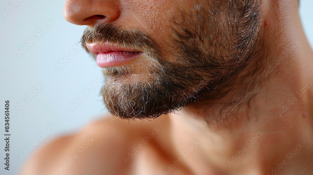 Obraz premium Close-up of a man's bearded face showcasing well-groomed facial hair and smooth skin. Ideal for beauty and grooming concepts.