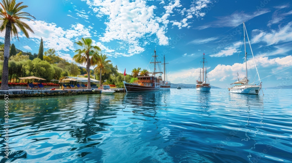 Obraz premium Luxury yachts depart from the clean sandy beach. A gorgeous view of the beautiful backwaters