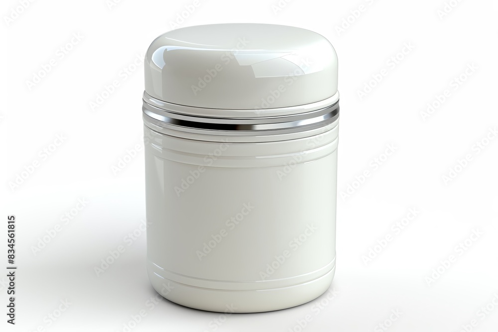 White blank container with a silver ring on a white background. Ideal for product mockups, packaging design, and branding presentations. White blank container with a silver ring on a white background. Ideal for product mockups, packaging design, and branding presentations.