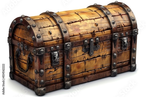 Antique wooden treasure chest with rusty metal details and latches, evoking adventure and mystery. Perfect for thematic use in design projects. photo