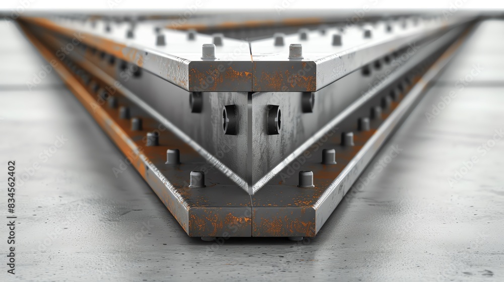 Close-up of industrial metal beams arranged in a V shape on a concrete floor, showcasing texture and structural design. Close-up of industrial metal beams arranged in a V shape on a concrete floor, showcasing texture and structural design.