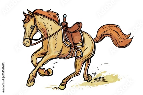 Cartoon cute doodles of a horse galloping with a saddle and reins  Generative AI