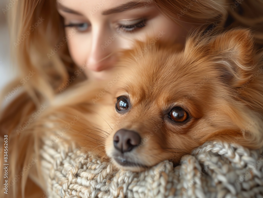 Woman with long hair lovingly embraces a Pomeranian with a knitted scarf. Cozy and affectionate moment with cute pet. Woman with long hair lovingly embraces a Pomeranian with a knitted scarf. Cozy and affectionate moment with cute pet.