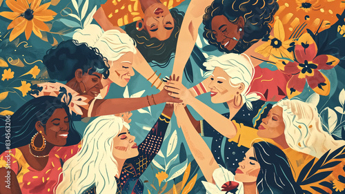 Colorful illustration of diverse women forming a circle and joining hands surrounded by flowers. Concept of unity and empowerment for poster, wallpaper, and print.