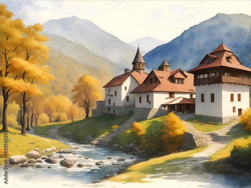 Koprivshtitsa Bulgaria Country Landscape Watercolor Illustration Art photo