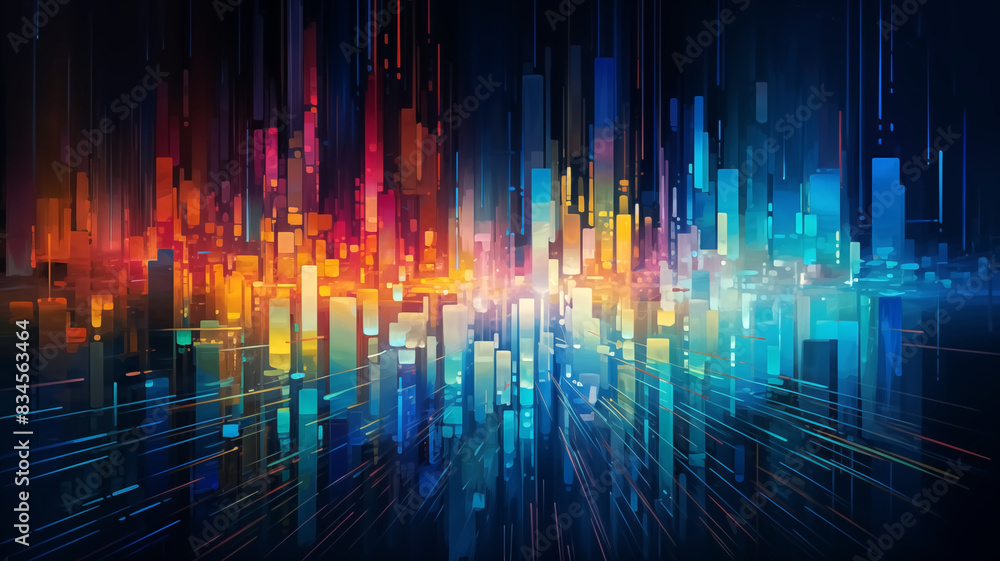 Abstract digital illustration of vibrant, colorful vertical bars resembling a futuristic cityscape. Concept of technology and modernity for poster, wallpaper, and print