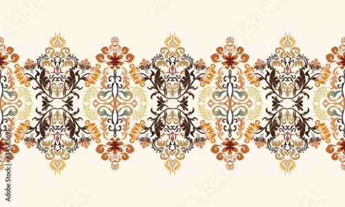 Hand draw Damask Ikat floral pattern.ink texture embroidery.Aztec style abstract,hand drawn,baroque.white background.great for textiles, banners, wallpapers.