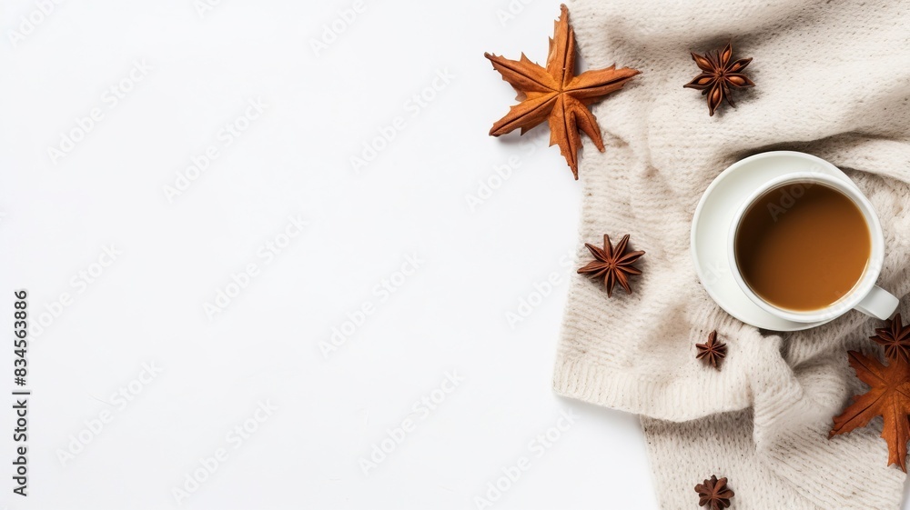 Autumn or winter composition. Gift box Coffee cup, cinnamon sticks, anise stars, beige sweater with knitted blanket on cream color gray fluffy background. Flat lay top view copy space, generative ai Autumn or winter composition. Gift box Coffee cup, cinnamon sticks, anise stars, beige sweater with knitted blanket on cream color gray fluffy background. Flat lay top view copy space, generative ai