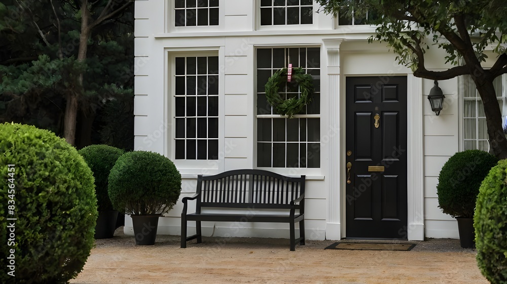 Black front door of white house, tree and bench. Black front door of white house, tree and bench.