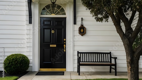 Black front door of white house, tree and bench.