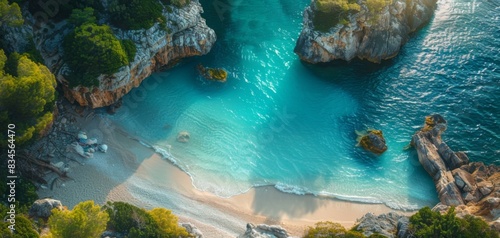 Idyllic Hidden Beach Cove with Turquoise Waters, Rocky Cliffs, and Lush Greenery on a Sunny Day