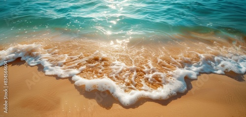 Golden Sandy Beach with Turquoise Waves Gently Lapping Ashore Under the Warm Sunlight on a Summer Day