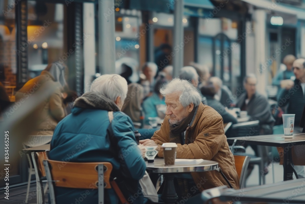 Elderly couple drinking coffee and talking in a cafe outdoors. Elderly couple drinking coffee and talking in a cafe outdoors.