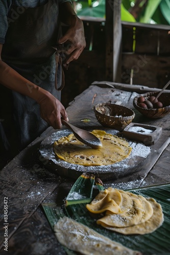 process of making kue pancong, a traditional Indonesian pancake made with coconut milk and palm sugar, and describe its unique flavor and texture photo