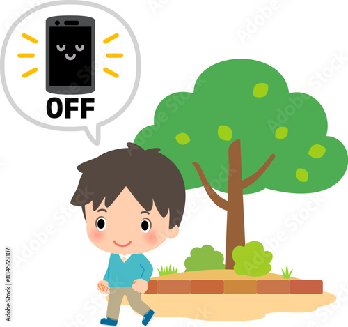 スマホの電源を切って公園を散歩する男性