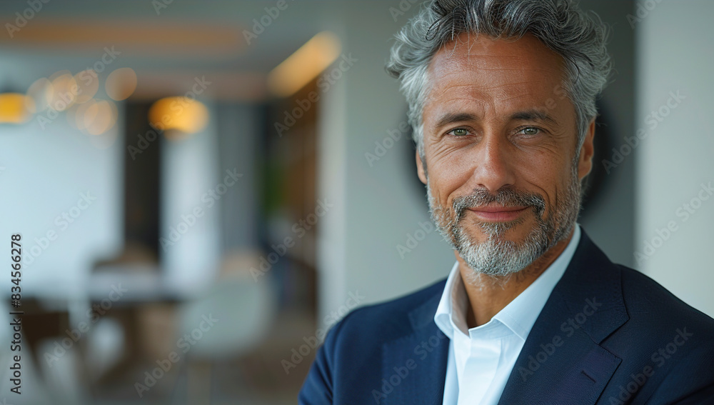 Portrait of a middle aged male business executive smiling at the camera, standing against a gray wall with empty space Portrait of a middle aged male business executive smiling at the camera, standing against a gray wall with empty space