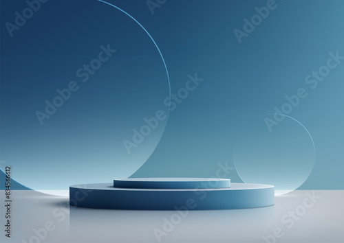 3D blue podium stand with circle glass backdrop is perfect for modern interior concept product display mockups