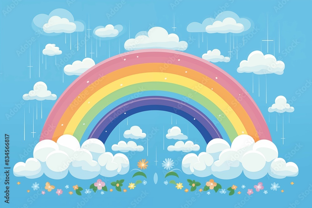 Rainbow with Clouds and Rain Falling from the Clouds, 2D Kids Illustration on Blue Background Rainbow with Clouds and Rain Falling from the Clouds, 2D Kids Illustration on Blue Background
