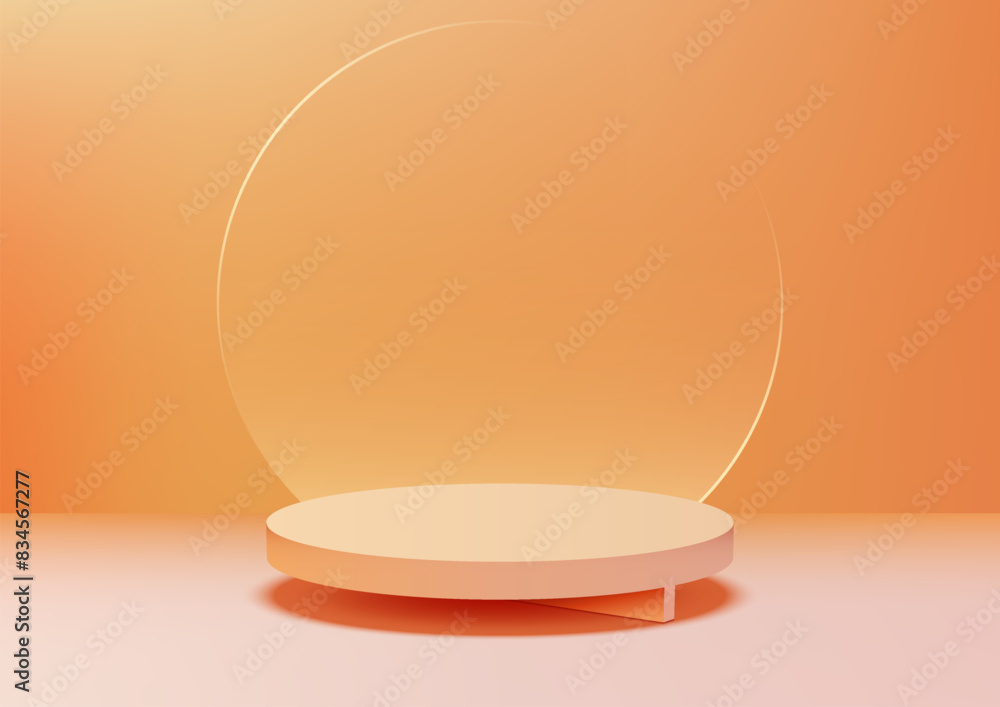 A minimalist orange toned podium with a circular transparent glass backdrop, in soft lighting. Ideal for product displays