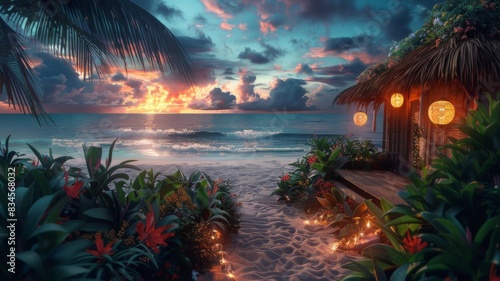Tropical Beachside Bungalow at Sunset,Serene Ocean Waves, Palm Trees, and Lanterns Creating a Magical Atmosphere