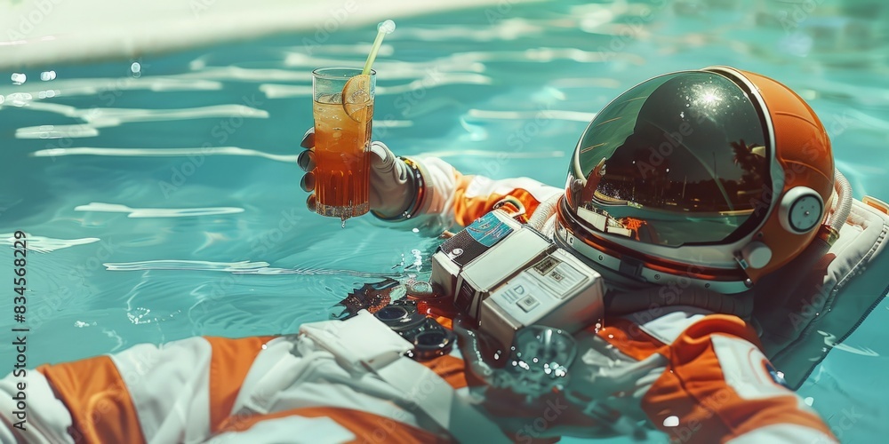 Fototapeta premium Astronaut floating in a pool with tropical drinks and inflatable rings Concept: summer relaxation, space vacation, tropical fun, poolside leisure, astronaut at rest. defocus