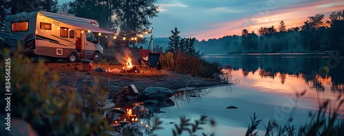 Cluster of RVs by the lake, campfire and cooking setup, tranquil evening glow, no humans photo