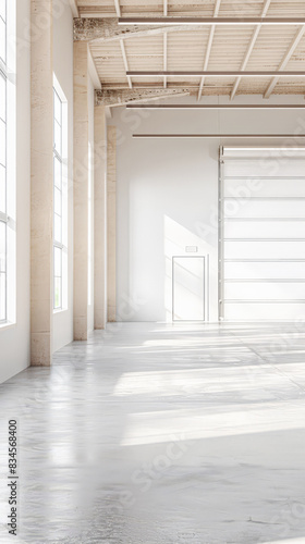 Warehouse interiors with ample spaces, natural light and copyspace.